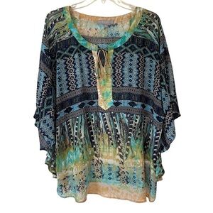 Women’s Boho Printed Tie-Neck Blouse in Teal Multi